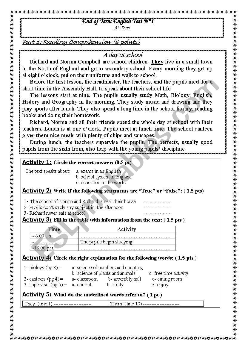 End of term english test n1 for 8form students