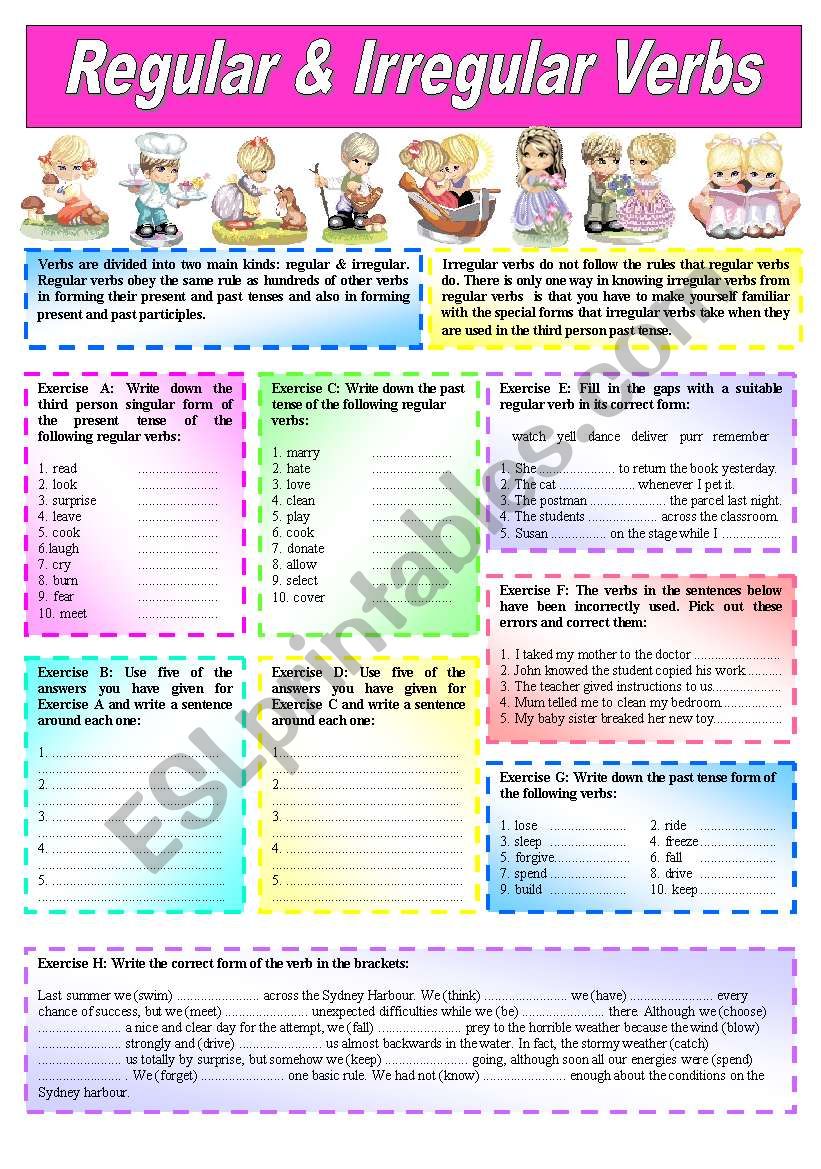 REGULAR & IRREGULAR VERBS - (( explanations & over 50 sentences for students to complete )) - Elementary/intermediate - (( B&W VERSION INCLUDED ))