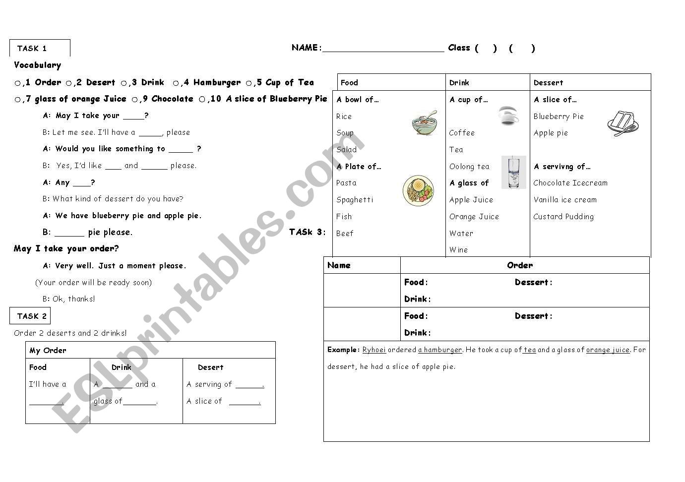 Restaurant Worksheet  worksheet