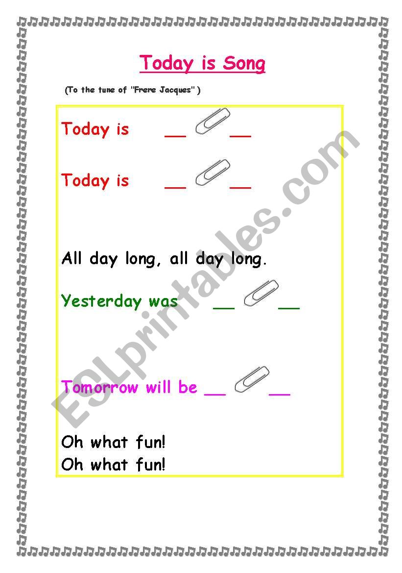 Days of the week song poster worksheet