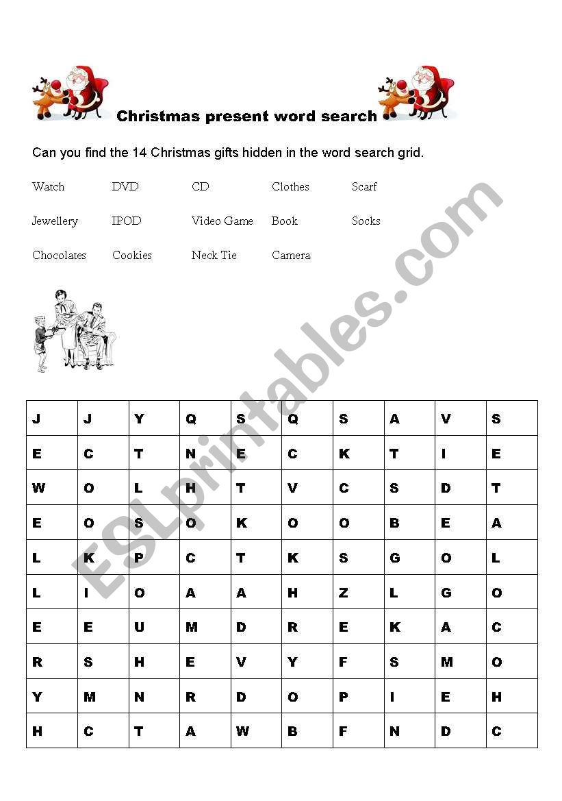 christmas present word search worksheet
