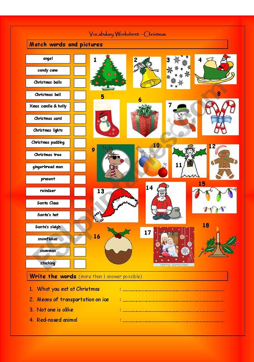Vocabulary Matching Worksheet - CHRISTMAS