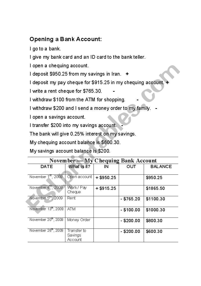 Opening a Bank Account worksheet