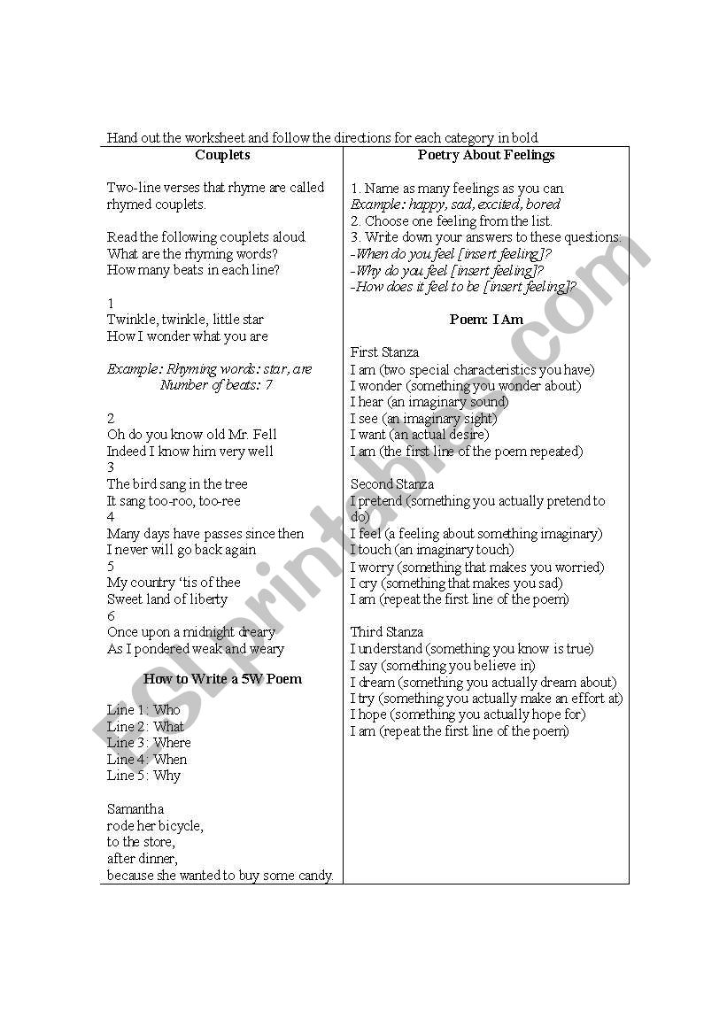 Poetry Worksheet worksheet