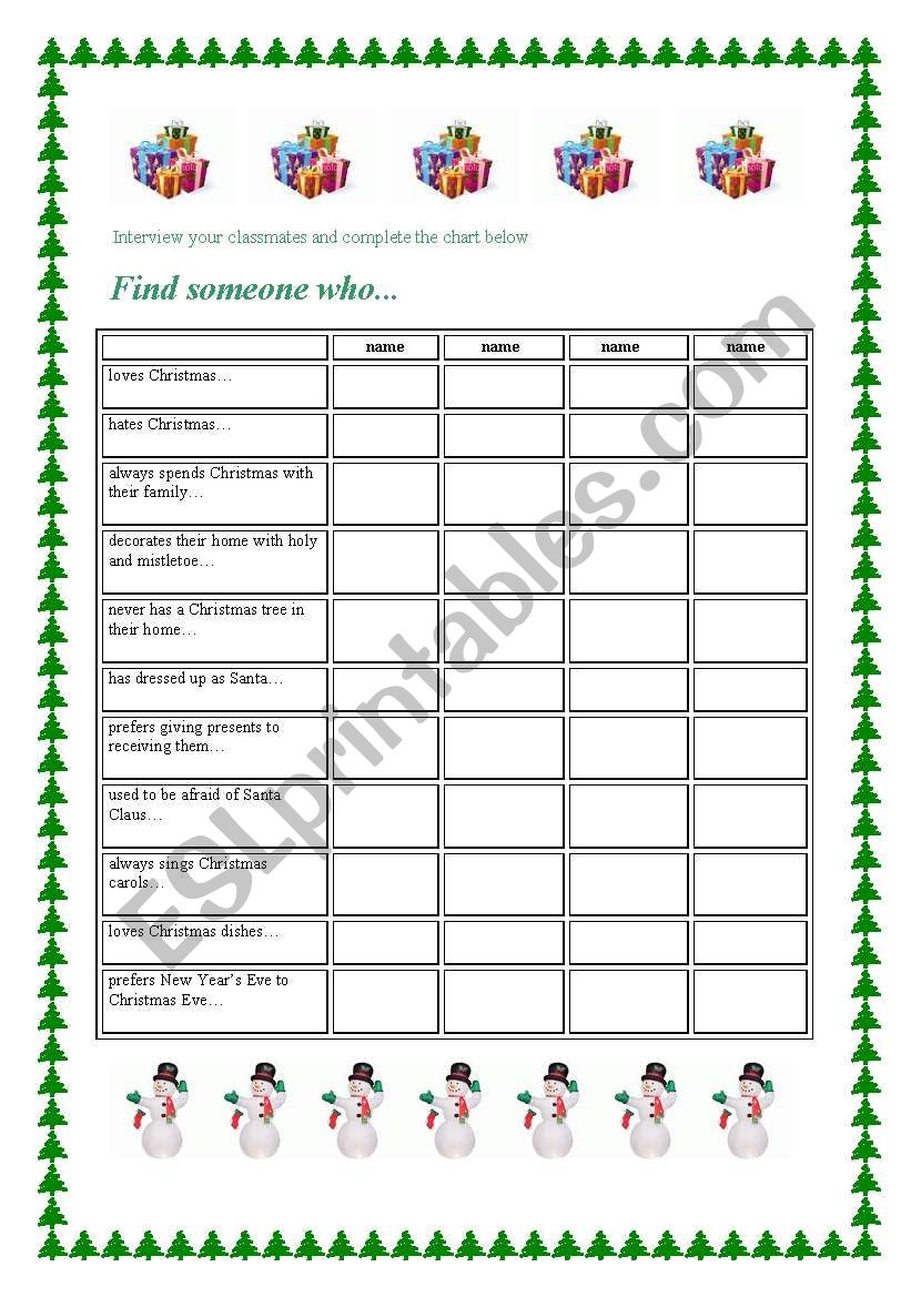 Christmas chart worksheet