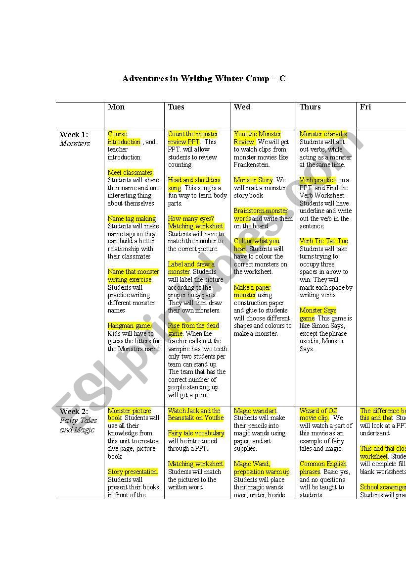 English Camp Itinerary worksheet