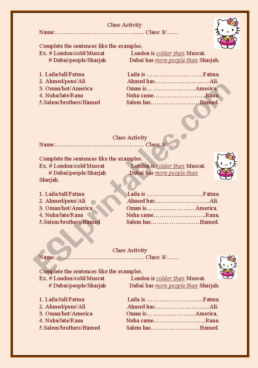 class activity worksheet