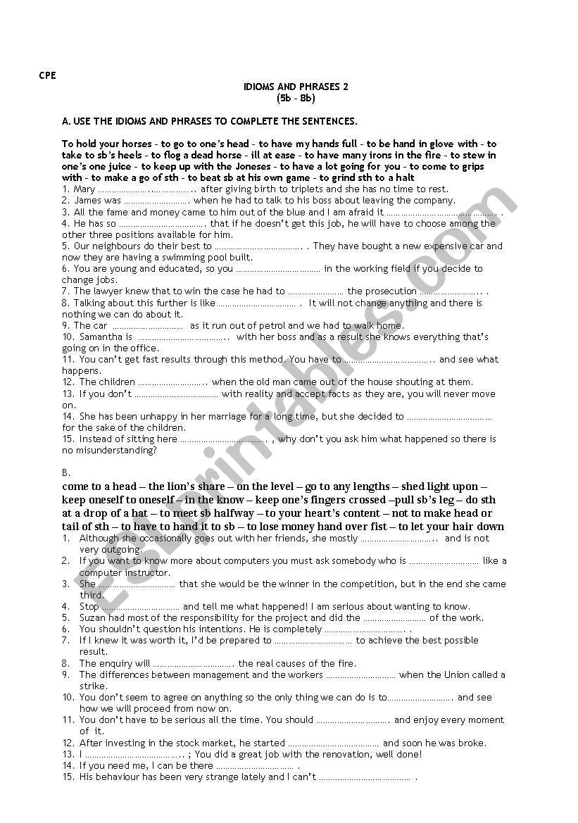 idioms and phrases II worksheet