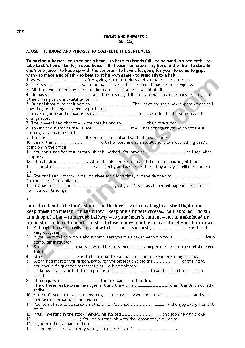 idioms and phrases II worksheet idioms and phrases II worksheet