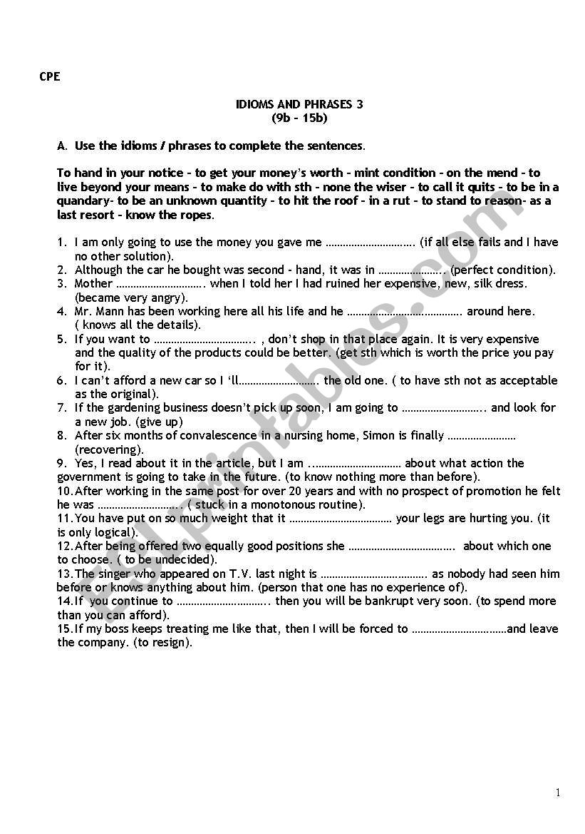 idioms and phrases III worksheet