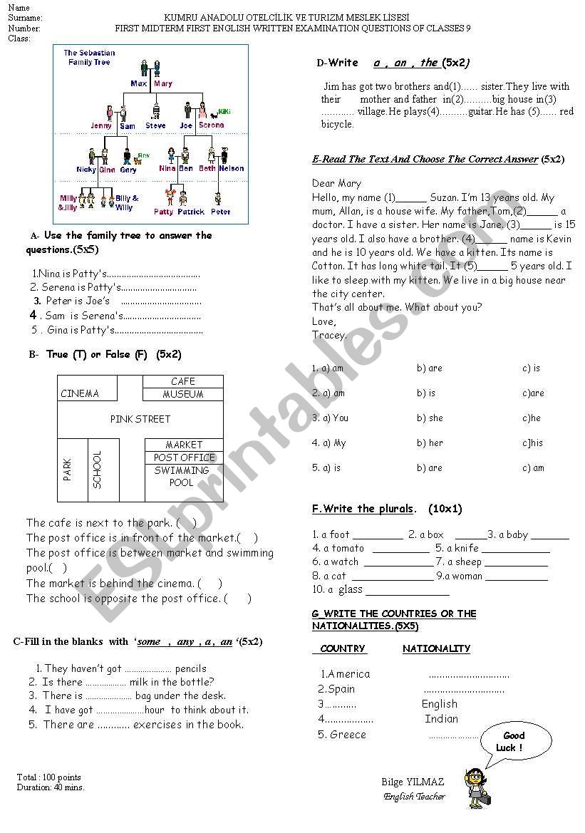 ELEMENTARY LEVEL FIRST EXAM worksheet