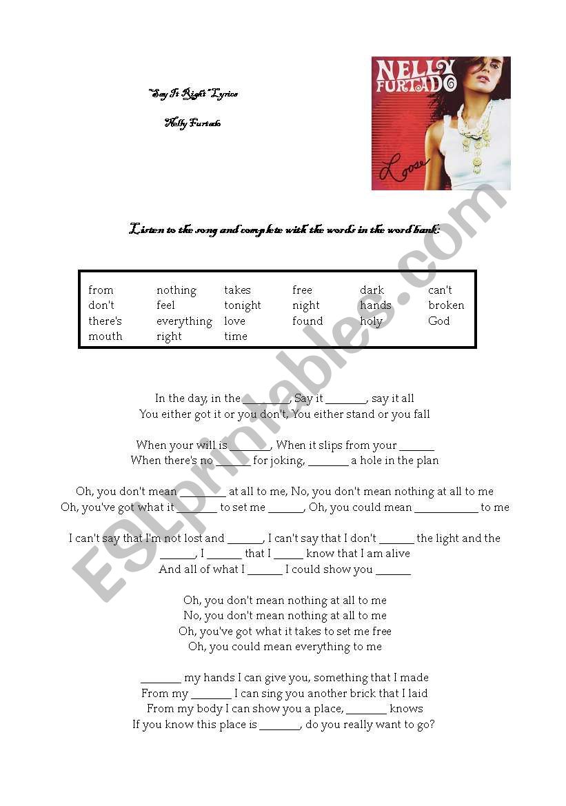 Say it Right Nelly Furtado worksheet