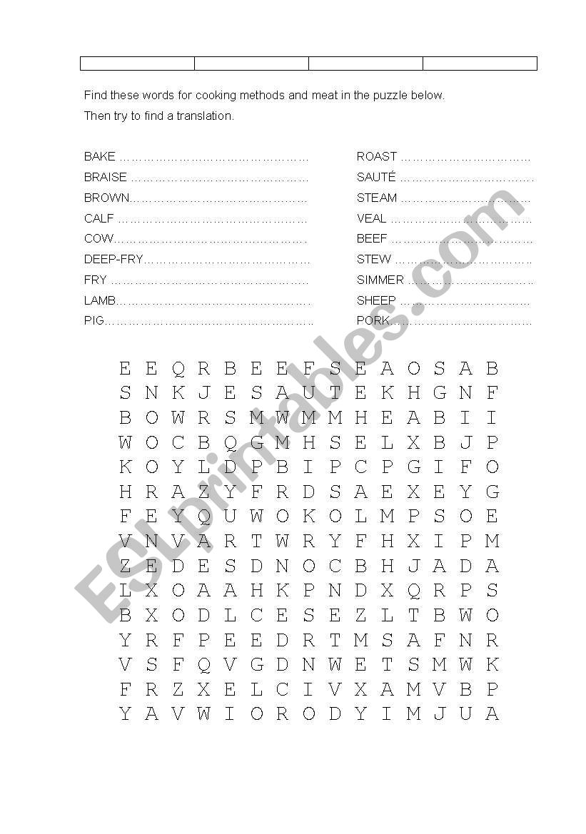 word search -cooking methods and meat