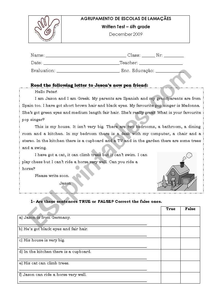 English test 6th grade worksheet