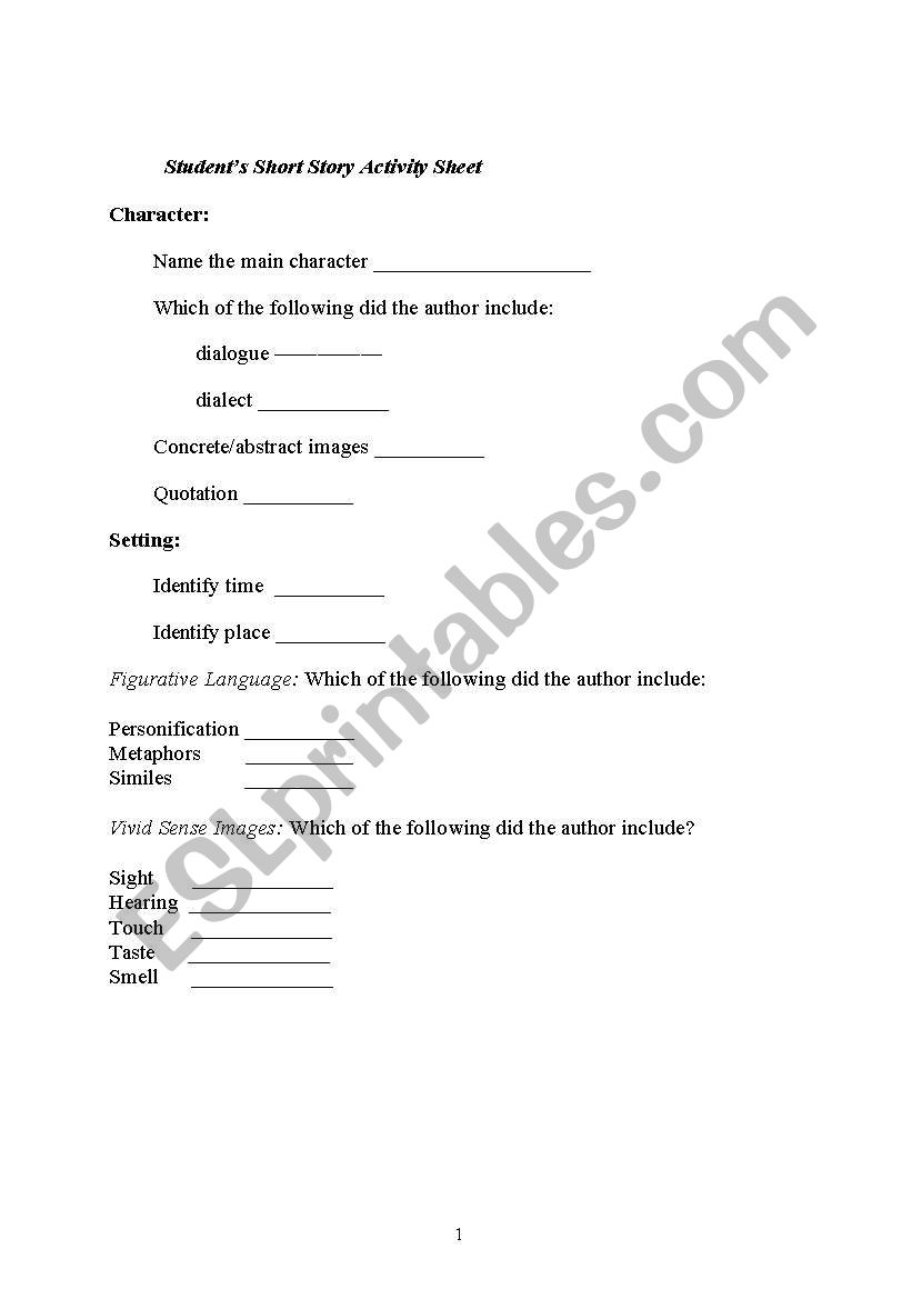 Short Story Activity Sheet worksheet