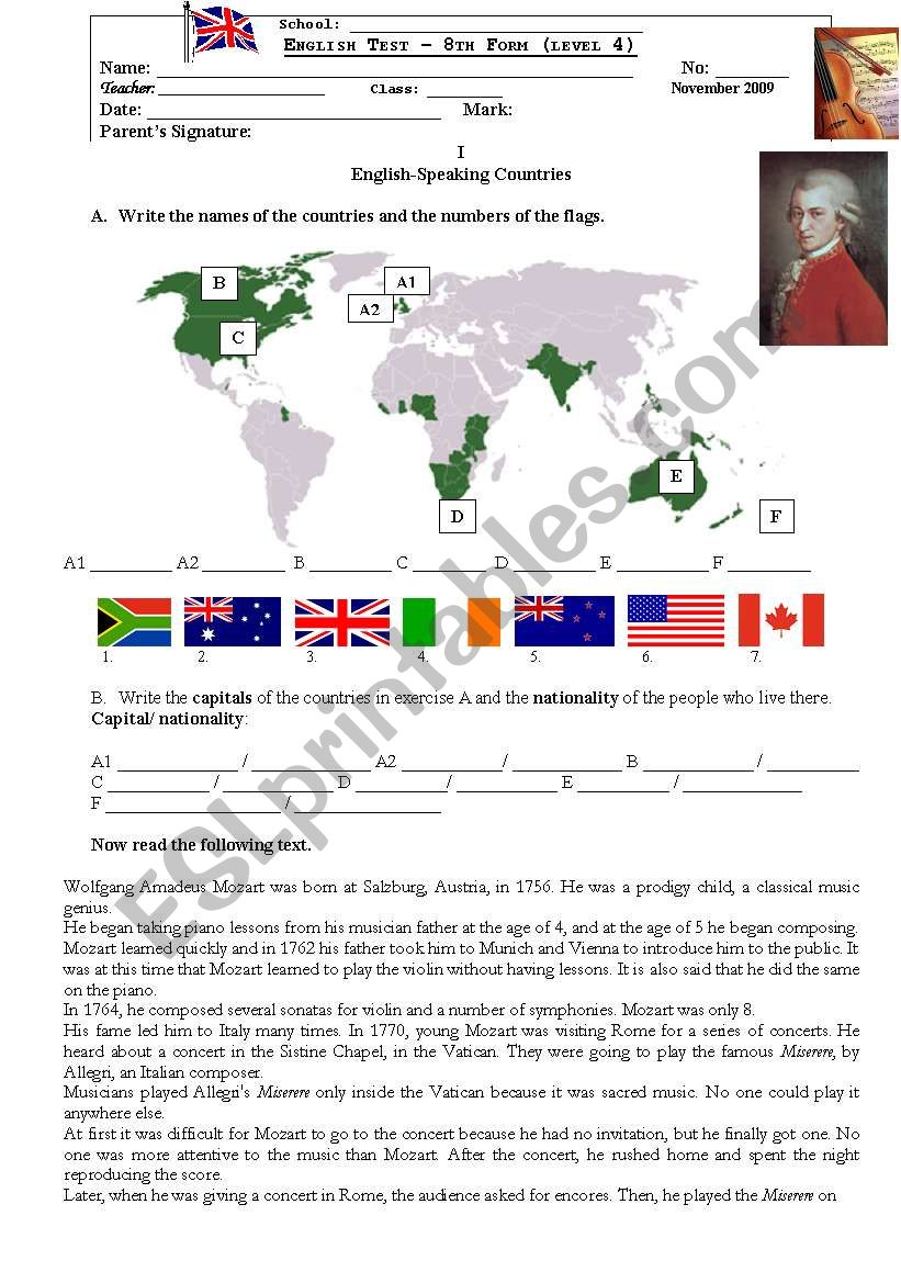 Test on English Speaking Countries and Mozart
