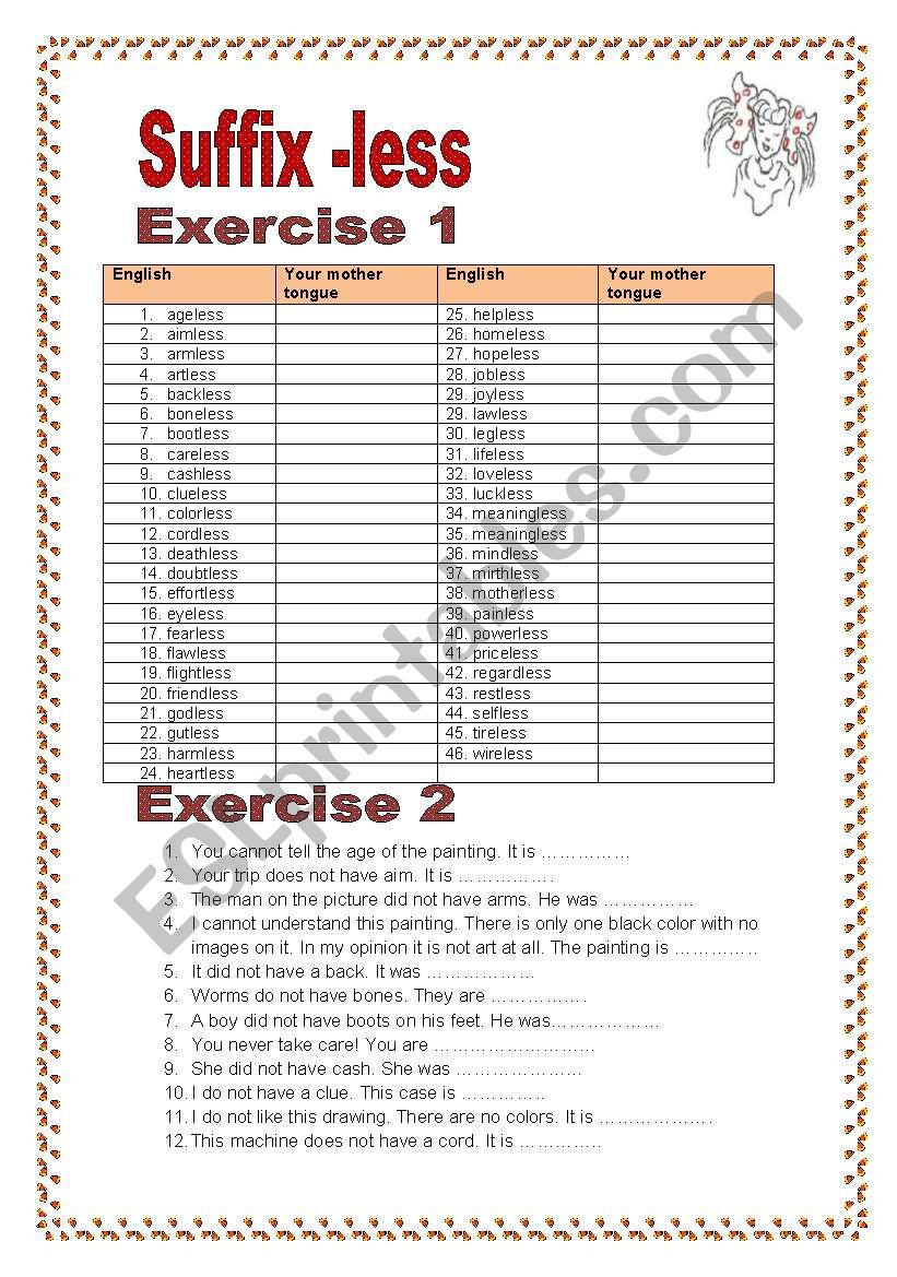 Suffix less 3 pages/2 exercises with a KEY