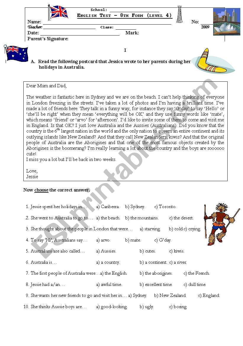 Test on Australia worksheet