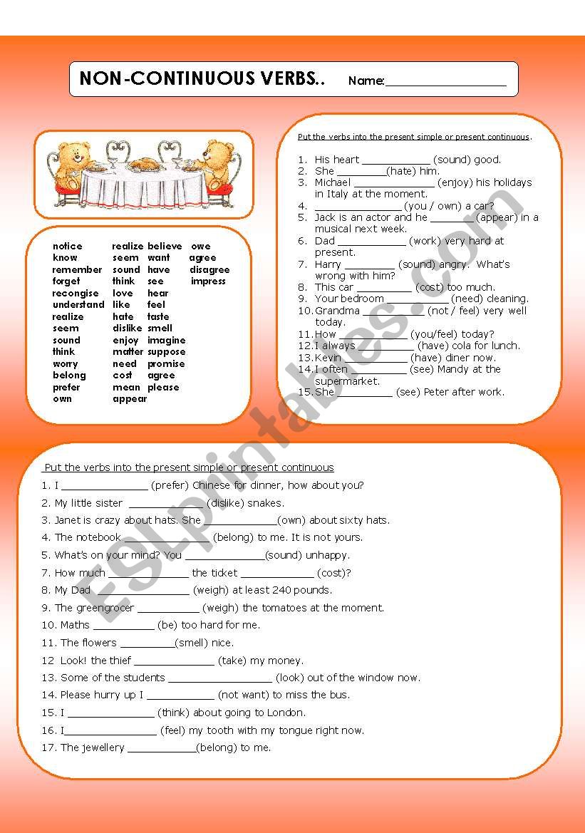 NON-CONTINOUS VERBS worksheet