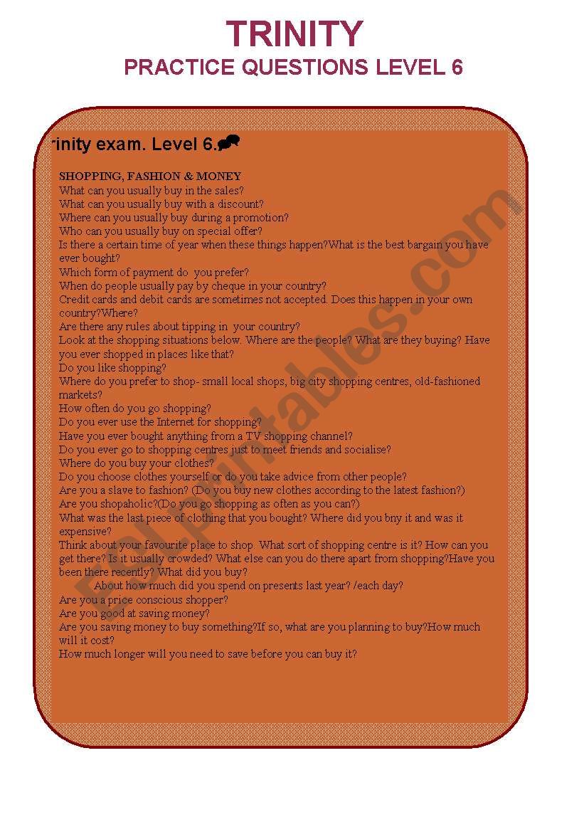 Trinity ESOL Exam-  Level 6 worksheet