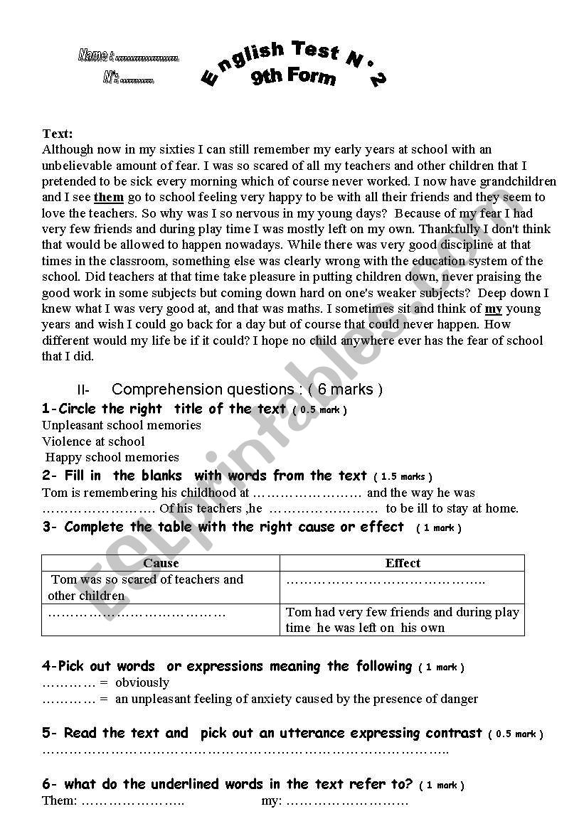 9th form test school, family relation, reading comprehension, language and writing
