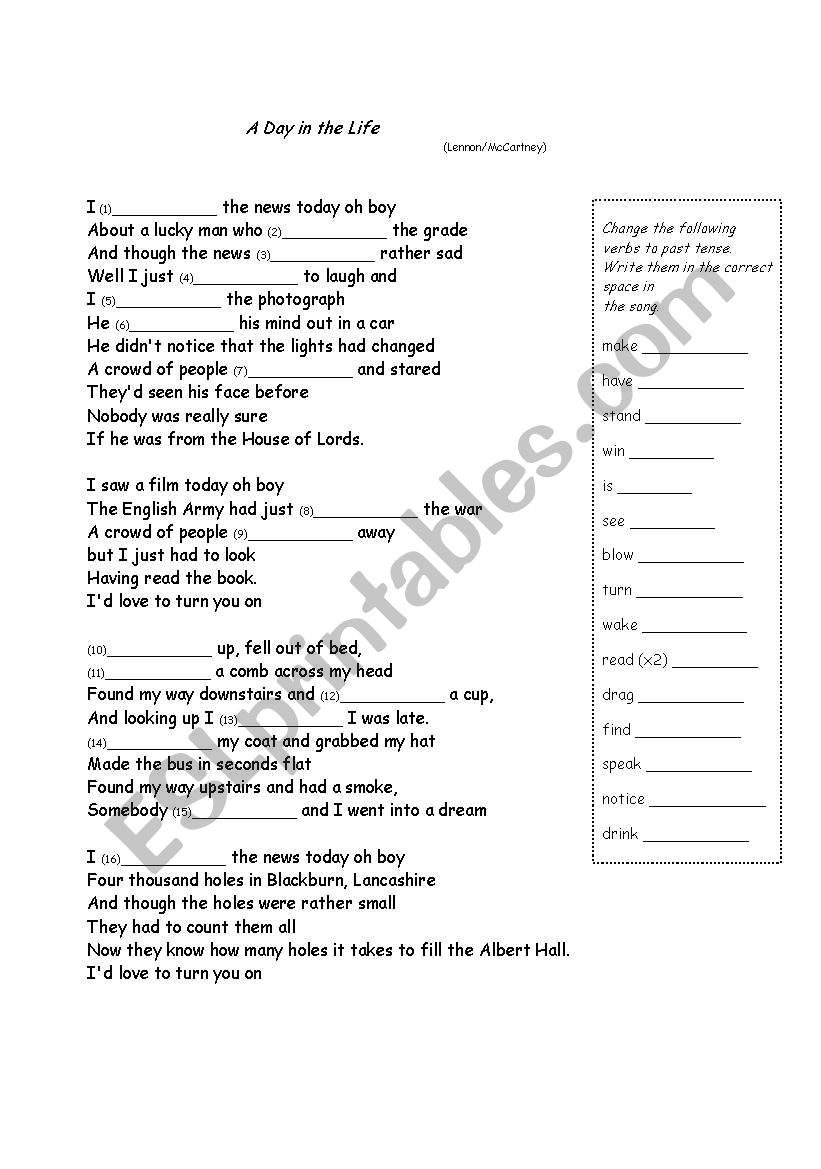 A Day in the Life (Beatles) worksheet
