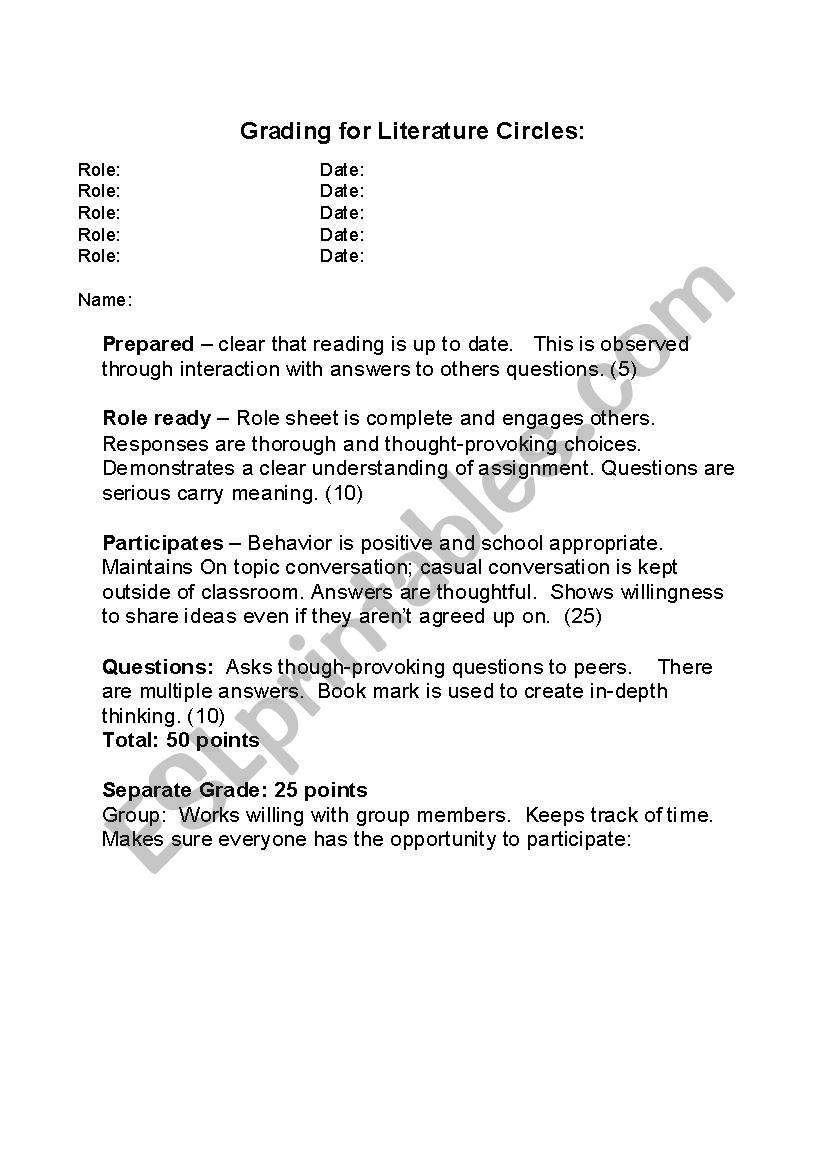 Literature circles worksheet