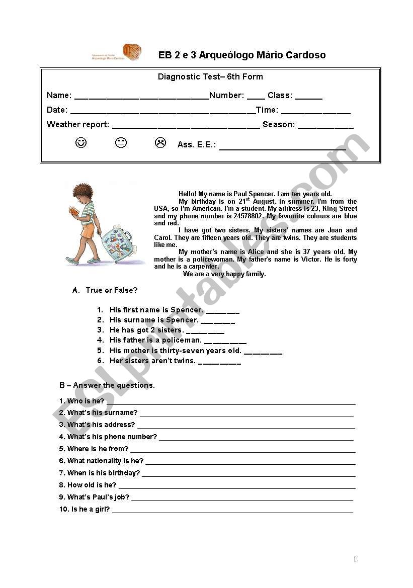 Diagnostic test worksheet