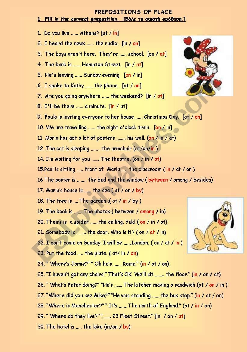 preposition of place worksheet