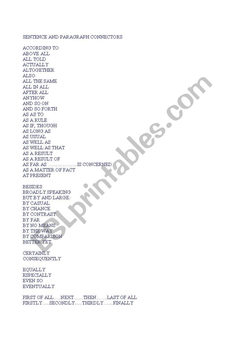 SENTENCE AND PARAGRAPH CONNECTORS LIST