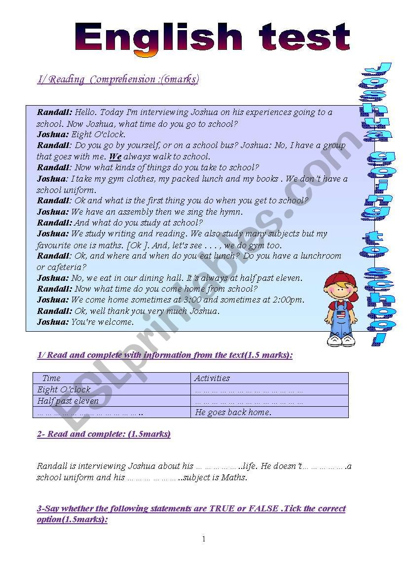 English test: 3 parts (8th form end of term test 2):Reading Comprehension/Language:Grammar+Vocabulary/Writing