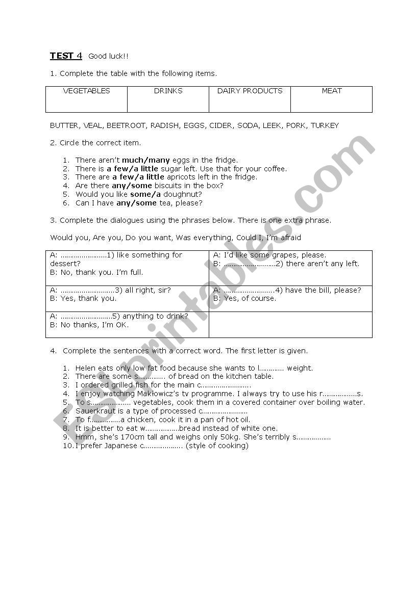 Test on food and countable and uncountable nouns.