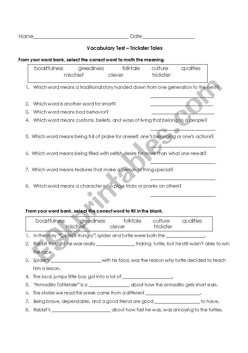Vocabulary Quiz for Trickster Tales