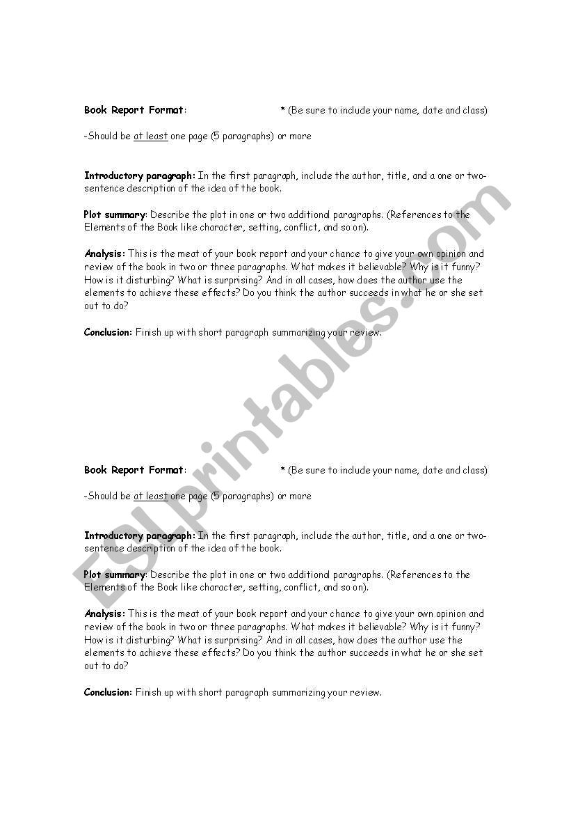 Book Report Format worksheet