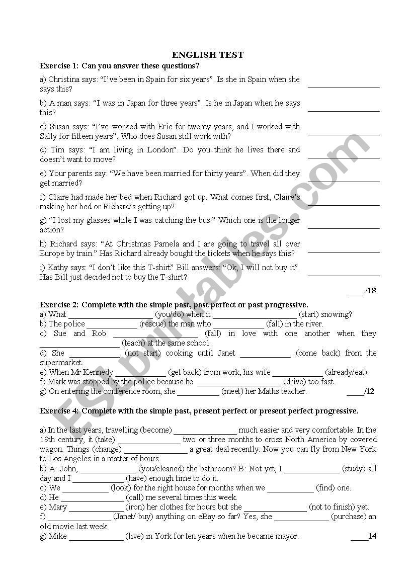 English Test on Past Tenses worksheet