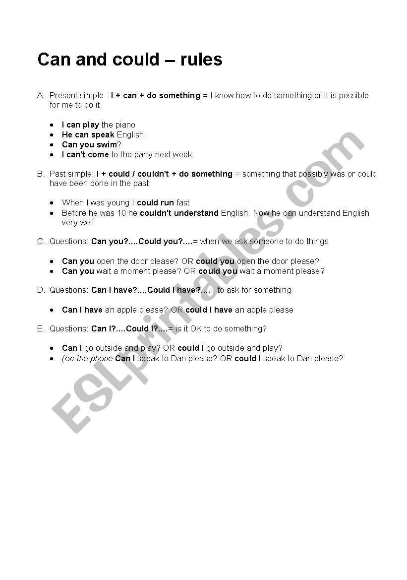 Can / could  - rules worksheet