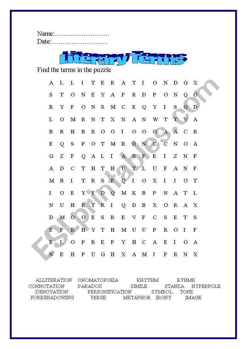 Literary Terms Puzzle worksheet