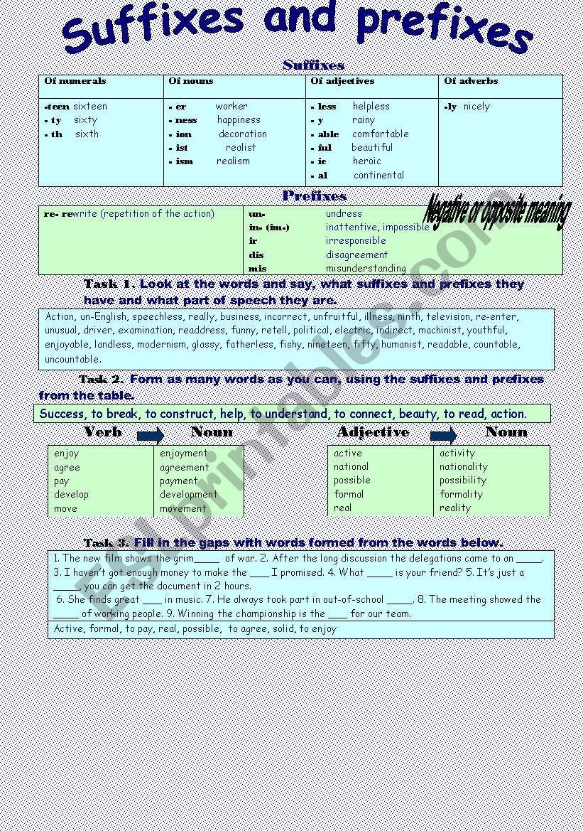 Suffixes and Prefixes worksheet