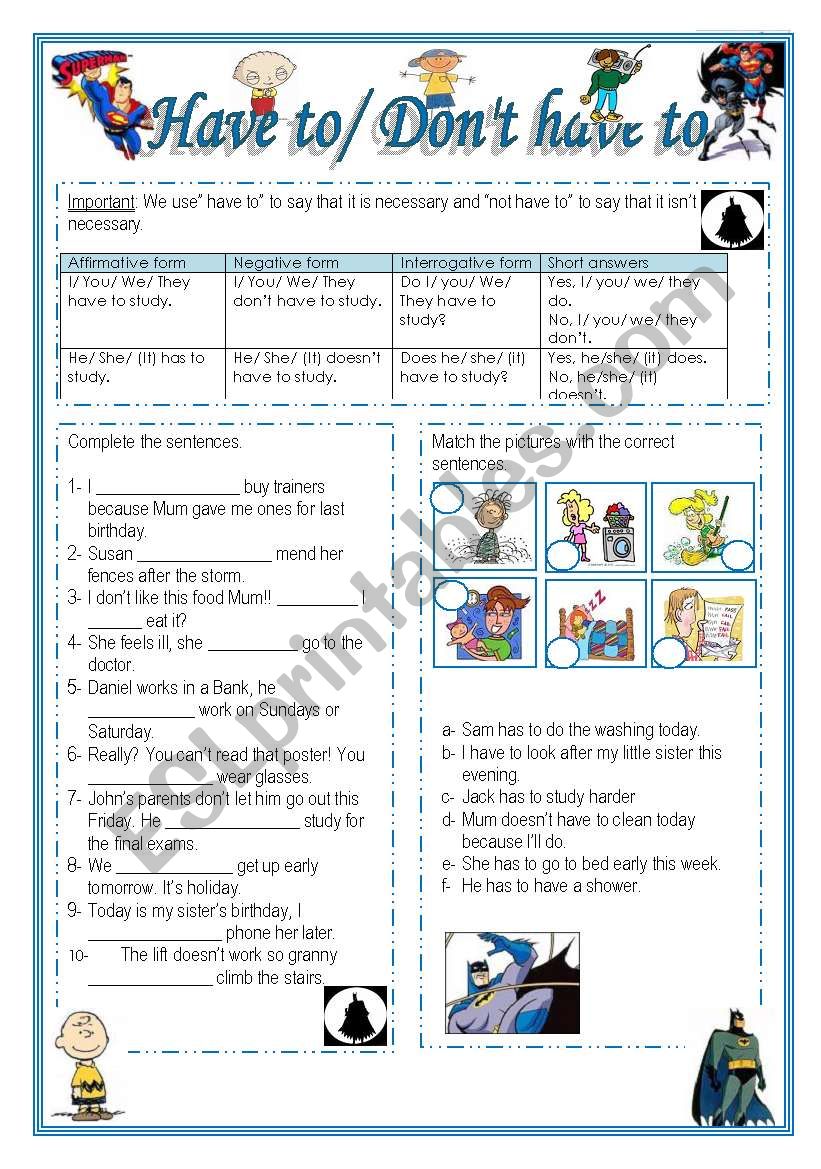 Have to / DonÂ´t have to worksheet