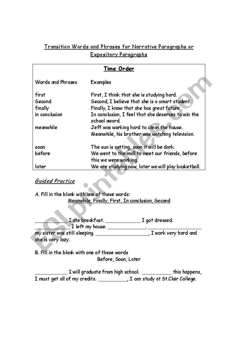 Transition Words - Time Order worksheet