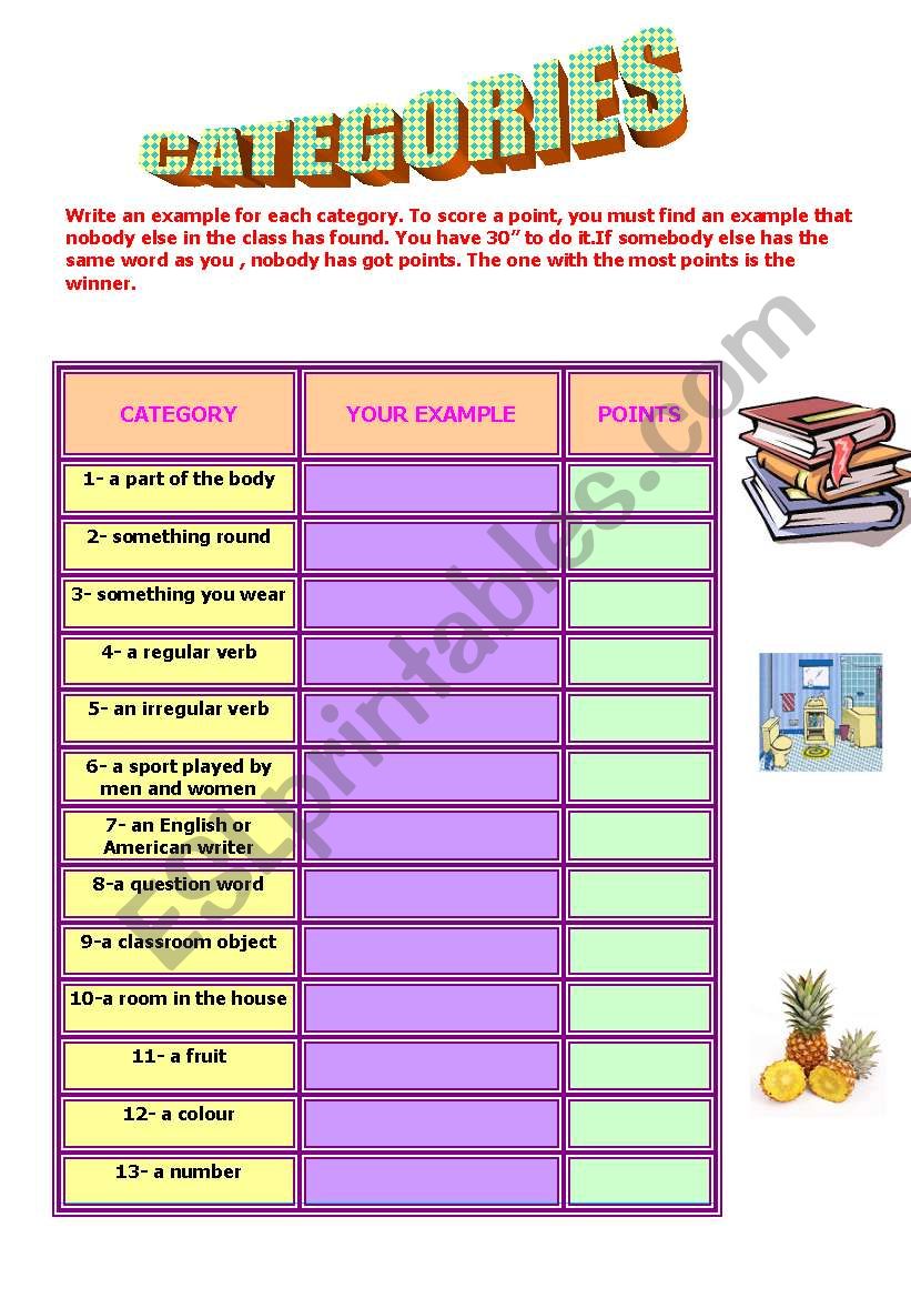 categories worksheet