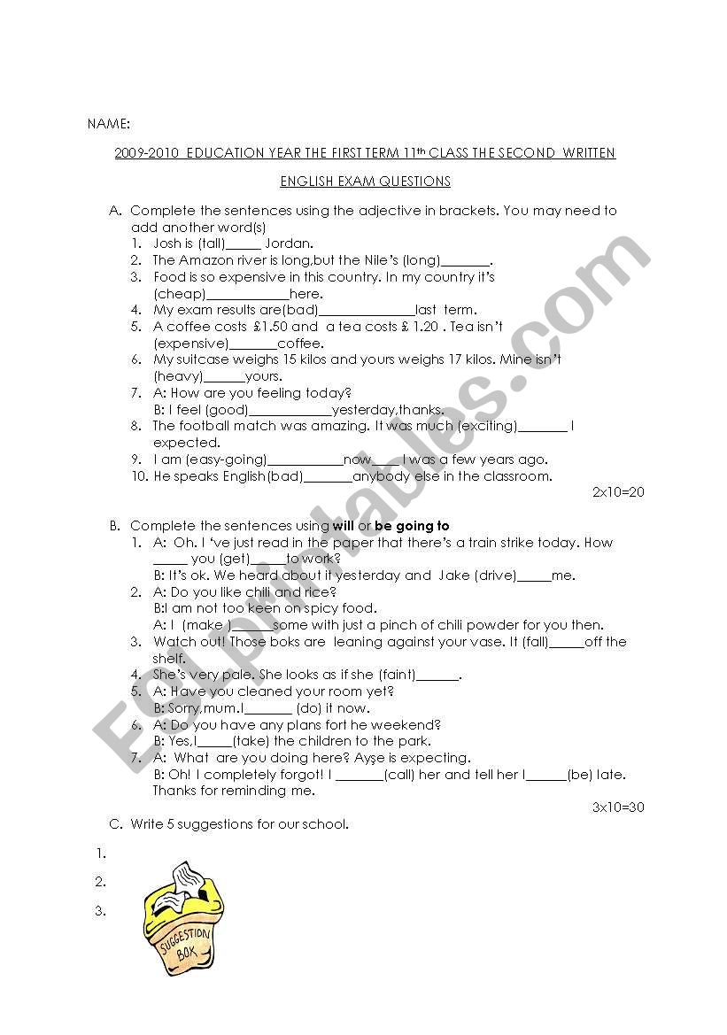 11th class exam sheet worksheet