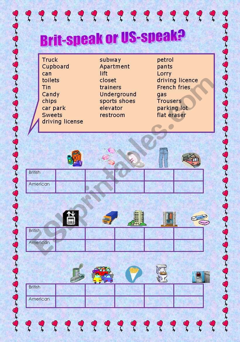 British or American words worksheet