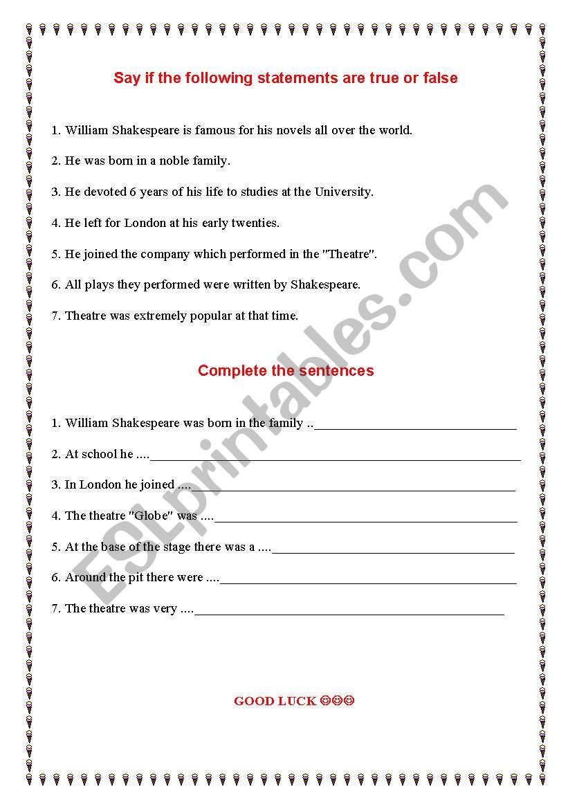 william Shakespeare part 2 worksheet