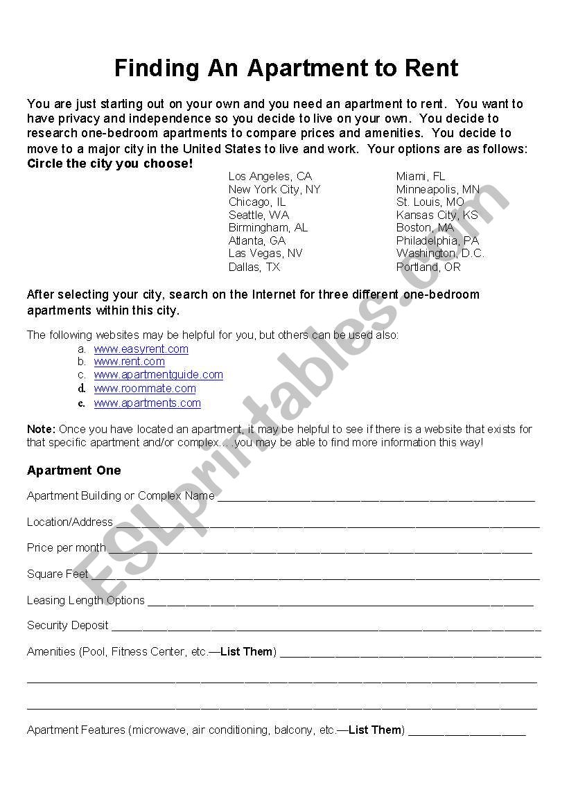 Finding an Apartment to Rent worksheet