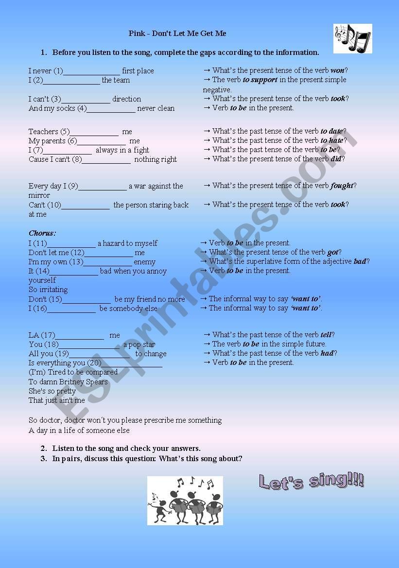 Pink - Dont let me get me worksheet