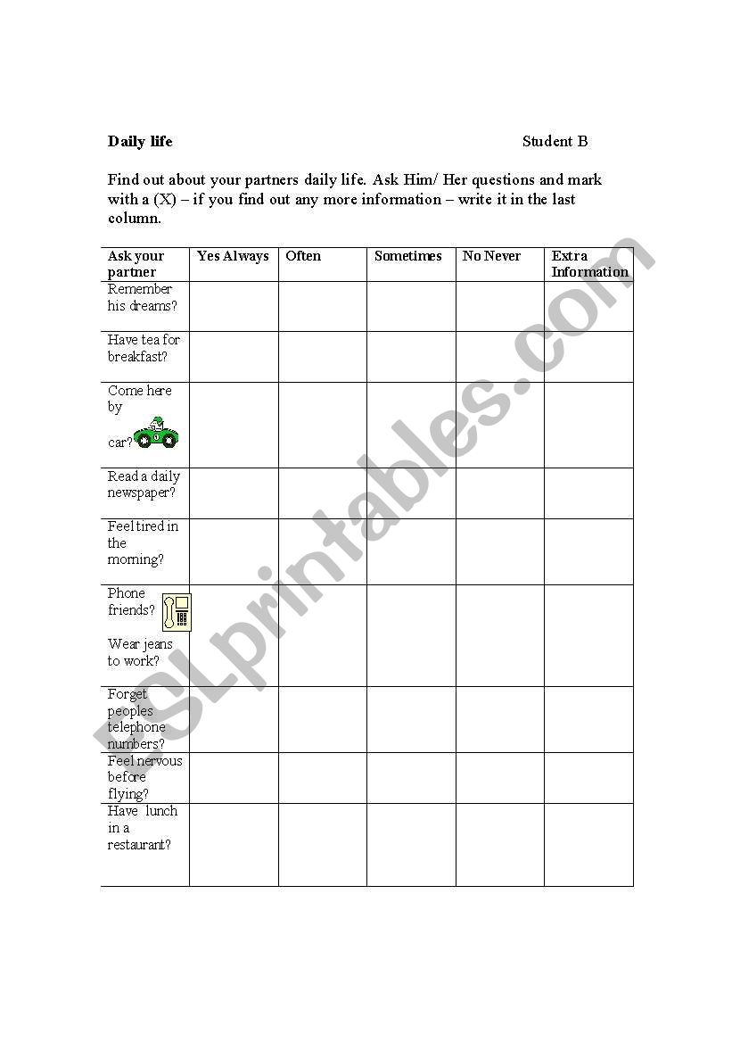 Daily Life worksheet