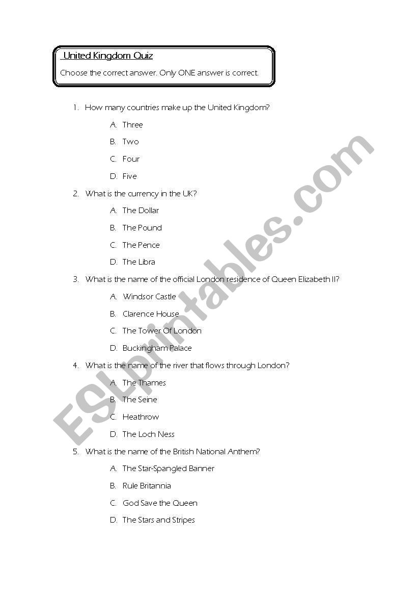 UK Quiz worksheet