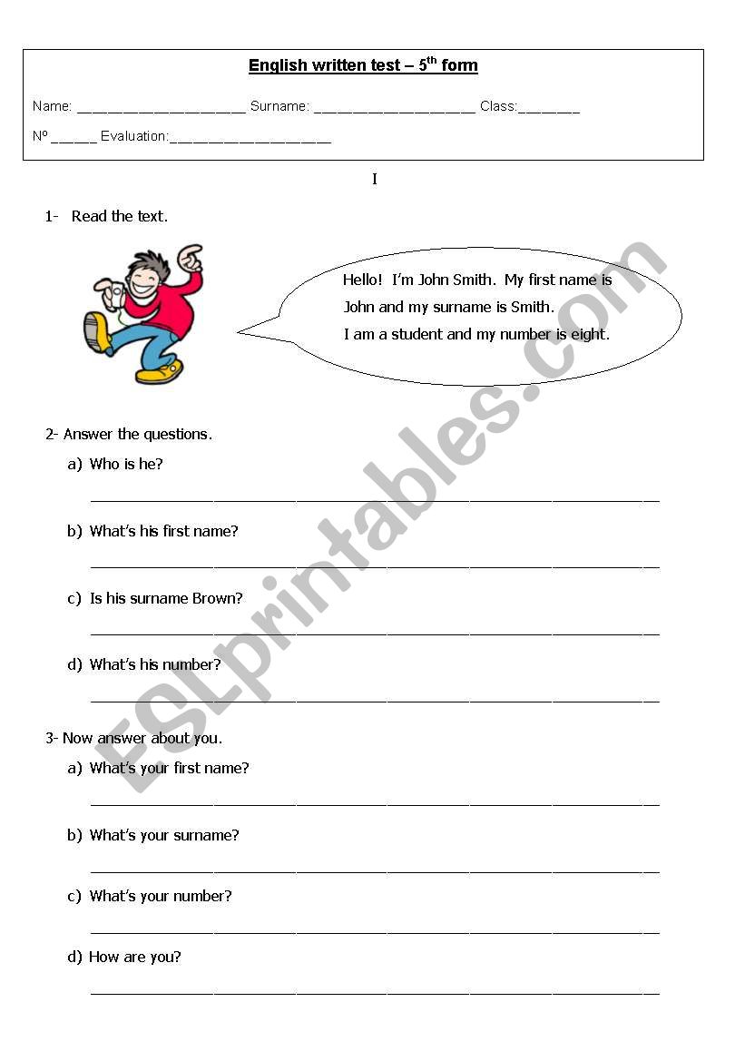 English Test  5th Grade worksheet