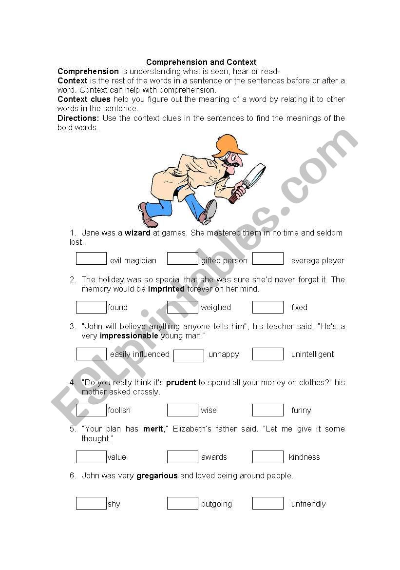 Comprehension and context worksheet